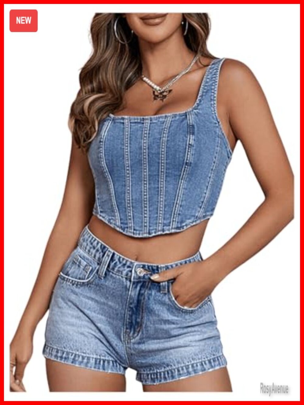 Square Neck Sleeveless Corset Denim Zip Back Crop Top